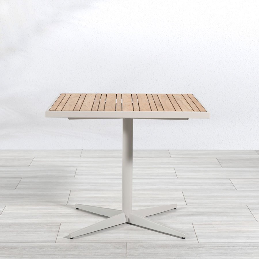 Luna 36 in. square teak + steel dining table