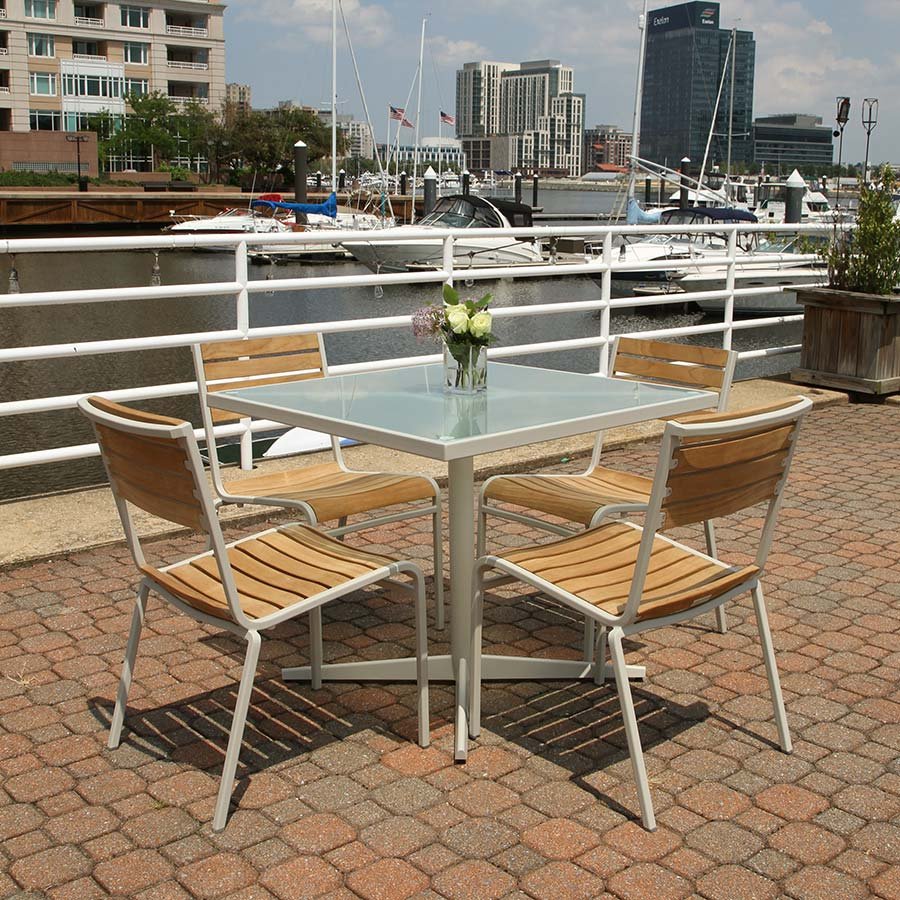 Luna 36 in. square glass + steel dining table