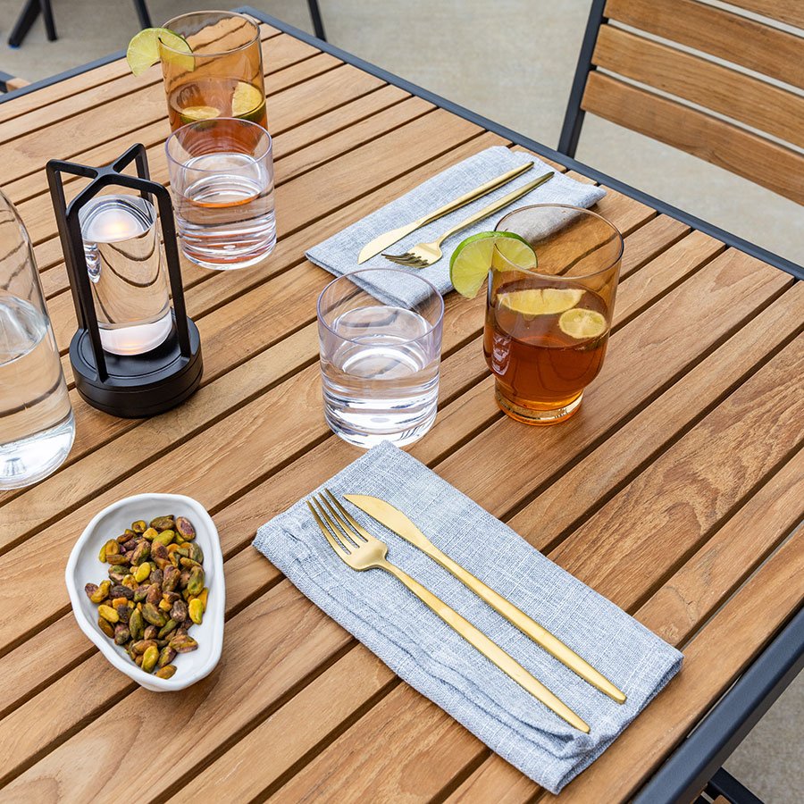 Luna 36 in. square teak + steel bar table thumbnail 2